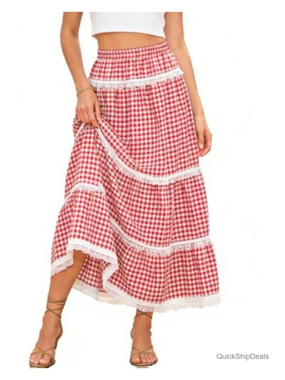 Gingham Plaid Maxi Skirt High Waisted Tiered Long Flowy A-Line